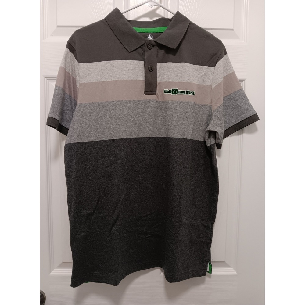 Disney Walt Disney World Mens Medium Gray Stripe Embroidered Cotton Polo Shirt